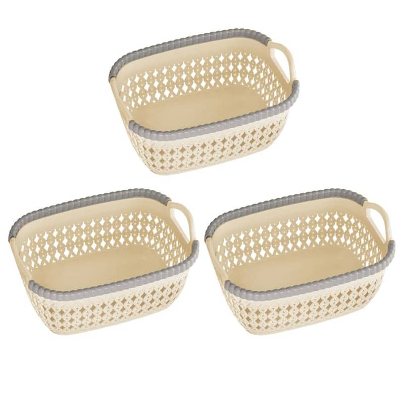 Rattan Plastic Weave Basket, Storage Bins Organizer for Closet, Shelf, Kitchen, Pantry and Bathroom - Ideal for Makeup,Cosmetics - Beige - Set of 3