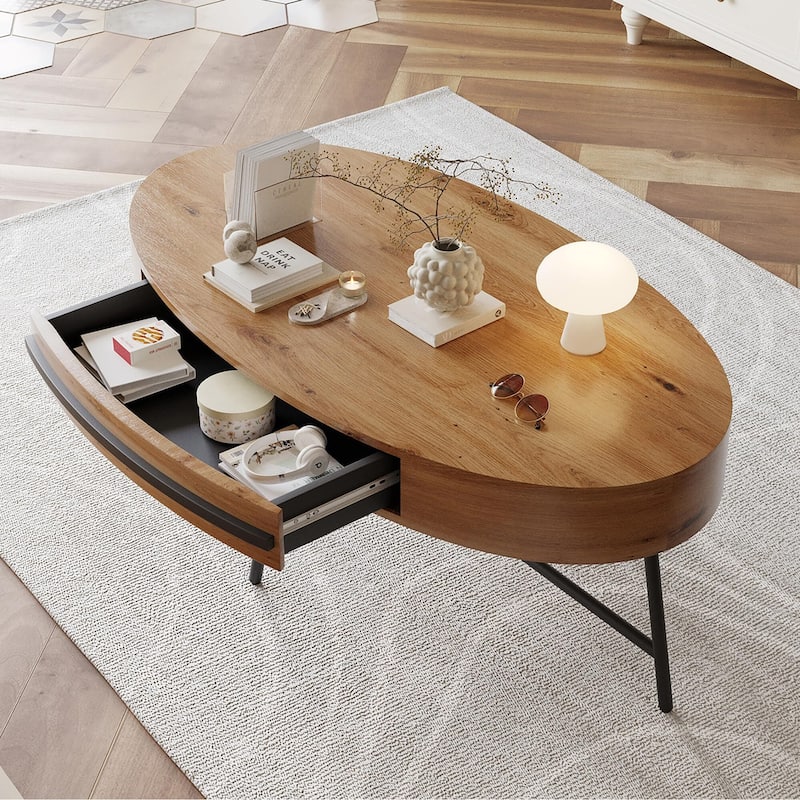 Oval Coffee Table with Drawer, 47.2" Mid-Century Modern Center Table, Wooden Coffee