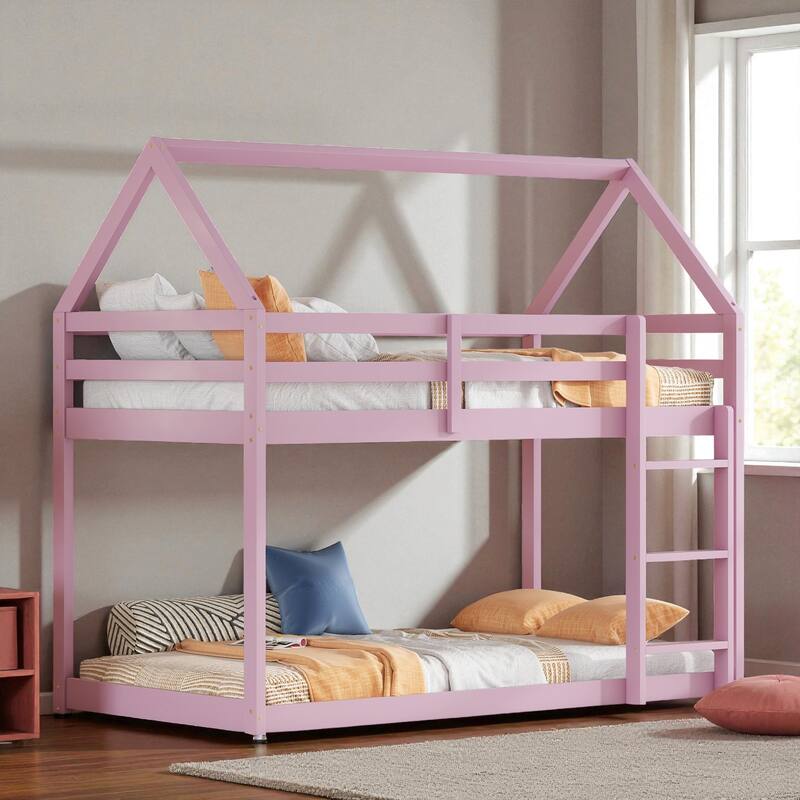 Twin Over Twin Floor Bunk Bed with House Roof Design, Rubber Wood Frame, Ladder and Guardrails for Kids Bedroom