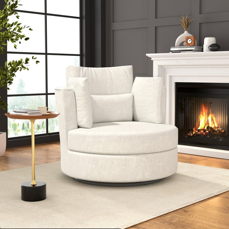 Swivel 34.7" Wide Comfortable Chenille Accent Chair - White Chenille