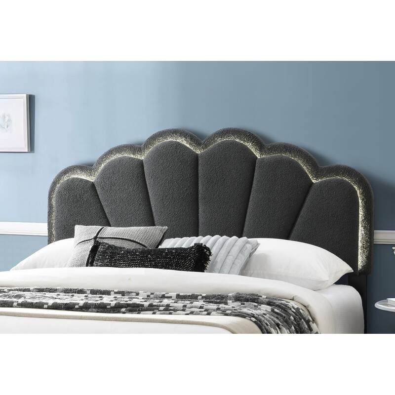 1pc Queen Size Bed Charcoal Wool Fabric Floral Design Headboard w LED Fully Upholstered Platform Bedframe