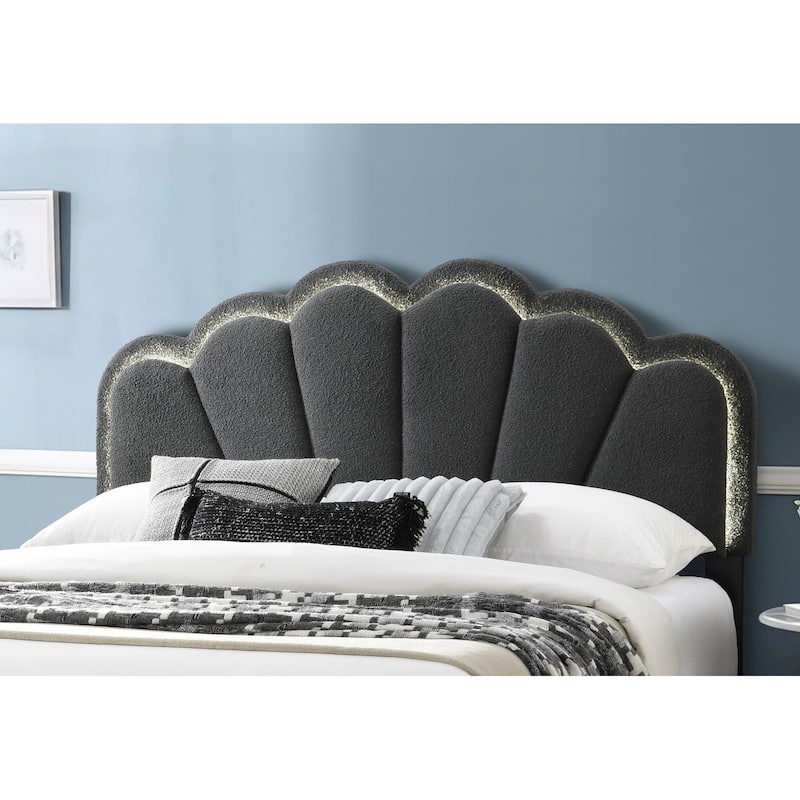 Queen Size Wool Upholstered Platform Bed with Floral Stitch Headboard and LED Lighting