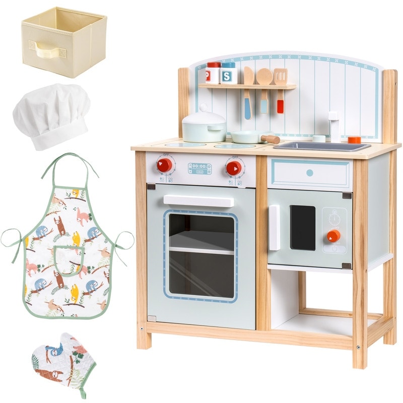 Qaba Kids Kitchen Play Cooking Toy Set for Children with Drinking Fountain, Microwave, & Fridge Plus Accessories - White