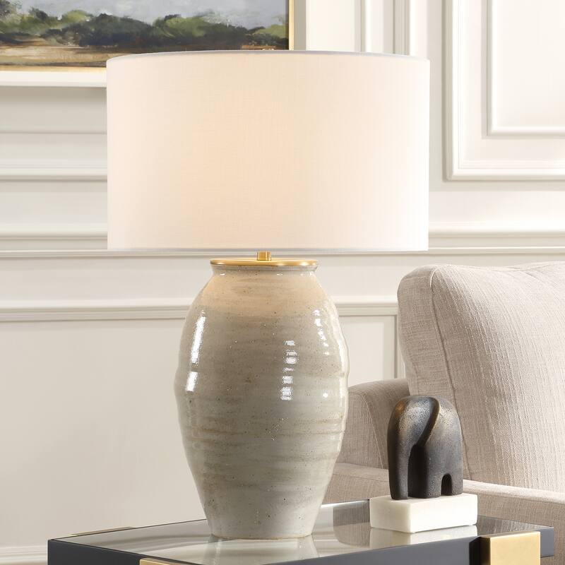 Ceramic Table Lamp with White Drum Shade - 27.75" - Beige