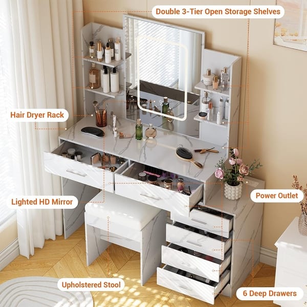 Makeup Vanity Desk With Mirror And Lights - Includes Stool, Power Outlet, 6 Shelves, 2 Drawers, Adjustable Lighting, Marble Black