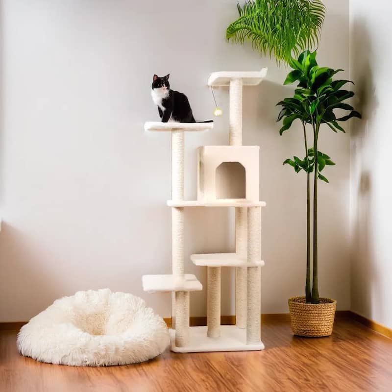 Classic Real Wood Cat Tree In Ivory, Jackson Galaxy Approved, Six Levels With Condo and Two Perches - Ivory - Ivory
