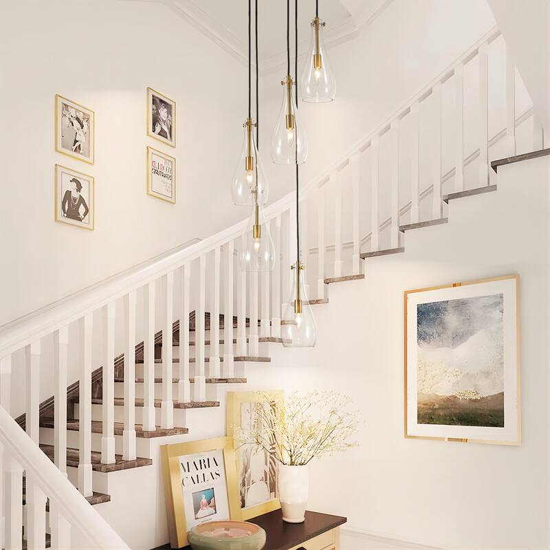 5-Light Modern Black Cluster Raindrop Clear Glass Chandelier for Kitchen Island, Staircase, Hallwya - Black/Clear/Gold - 16 in. W x 13.2 in. H x 16 in. D