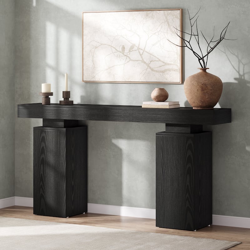 Industrial Sofa Console Table with Double Pedestal for Entryway - Black