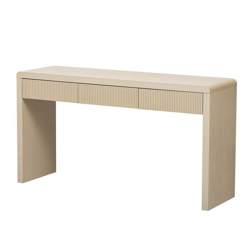 Console Table with 3 Fluted Drawers - Solid Wood Veneer Entryway Table Featuring Natural Wood Grain for Living Room, Hallway
