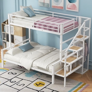 Metal Bed Frame Twin over Full Size Bunk Bed with Storage Staircase, Open Wardrobe and Full-Length Guardrail for Bedroom