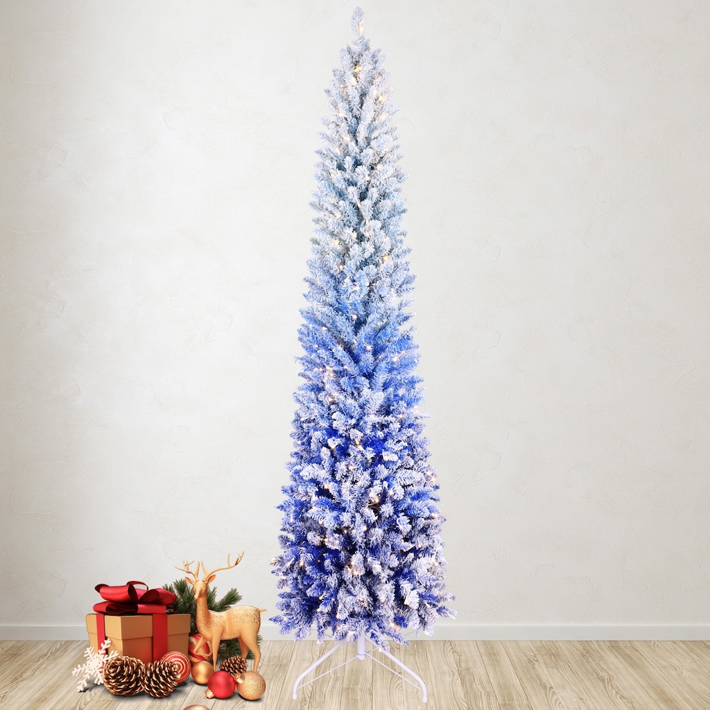 Pre-Lit Flocked Pencil Christmas Tree - Blue Gradient, Warm White LED Lights, Slim Design, Metal Stand