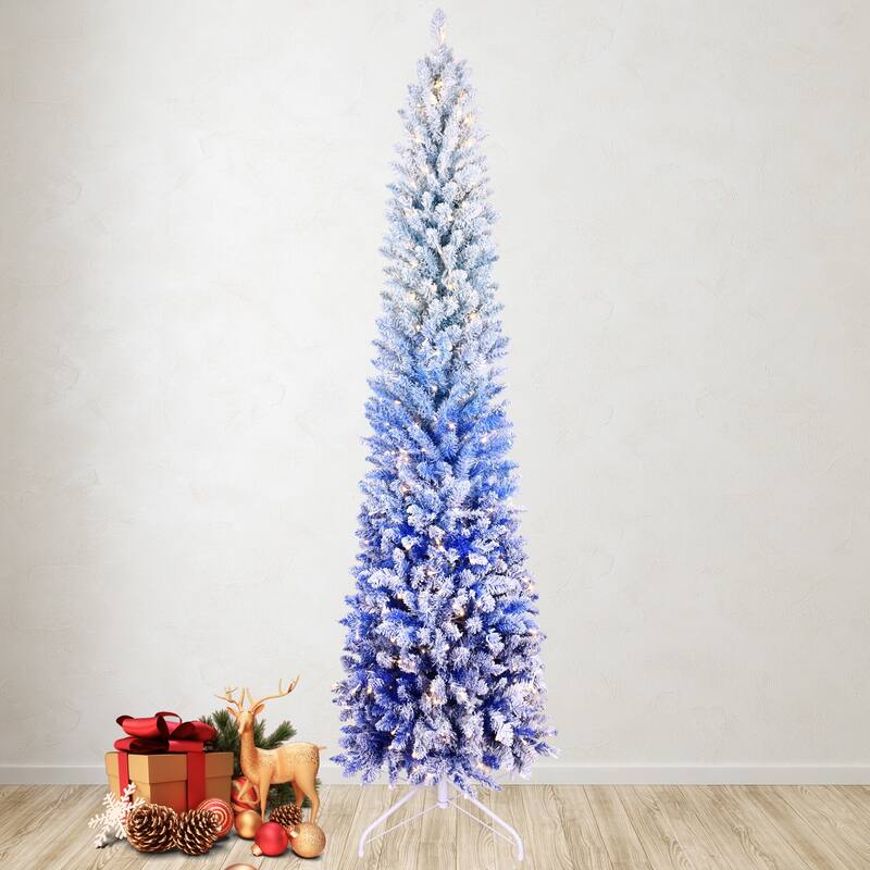 Pre-Lit Flocked Pencil Christmas Tree - Blue Gradient, Warm White LED Lights, Slim Design, Metal Stand