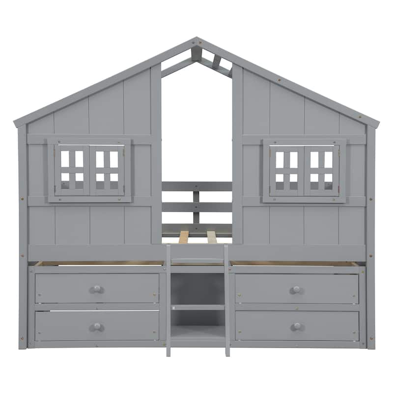 Full Size House Loft Bed with Roof, Windows, 4 Drawers, Safety Guardrails, Ladder, Grey