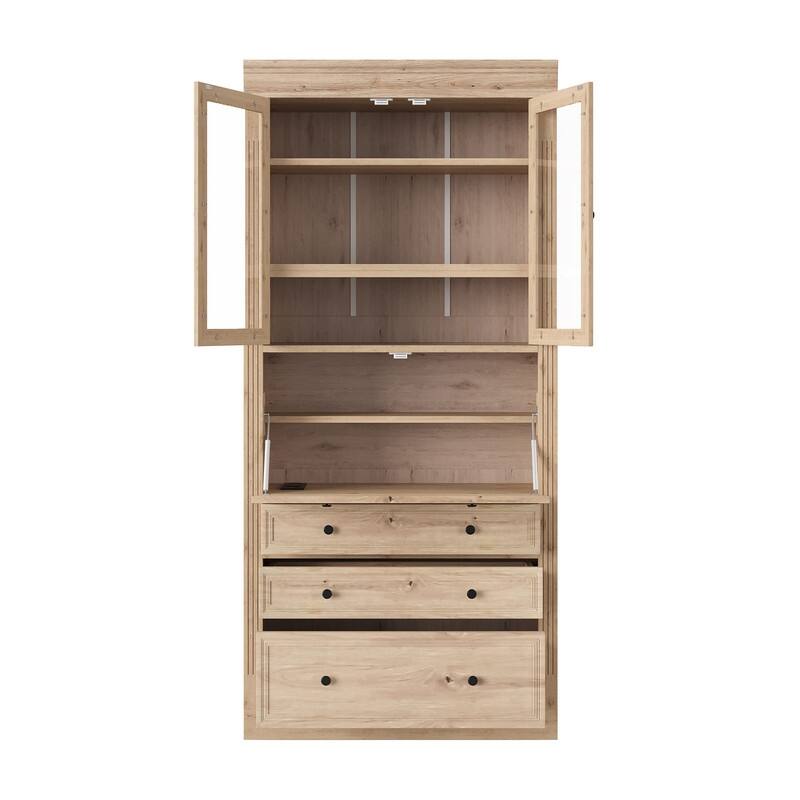 Freestanding 78" Tall Kitchen Pantry Storage Cabinet with Drop-Down Surface and Adjustable Shelves,Power Outlet for Organization