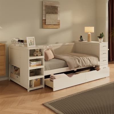 Twin Size Daybed with 2 Storage Drawers and Side Shelves, Wooden Sofa Bed Frame with Multi-Functional Desk and Charging Station
