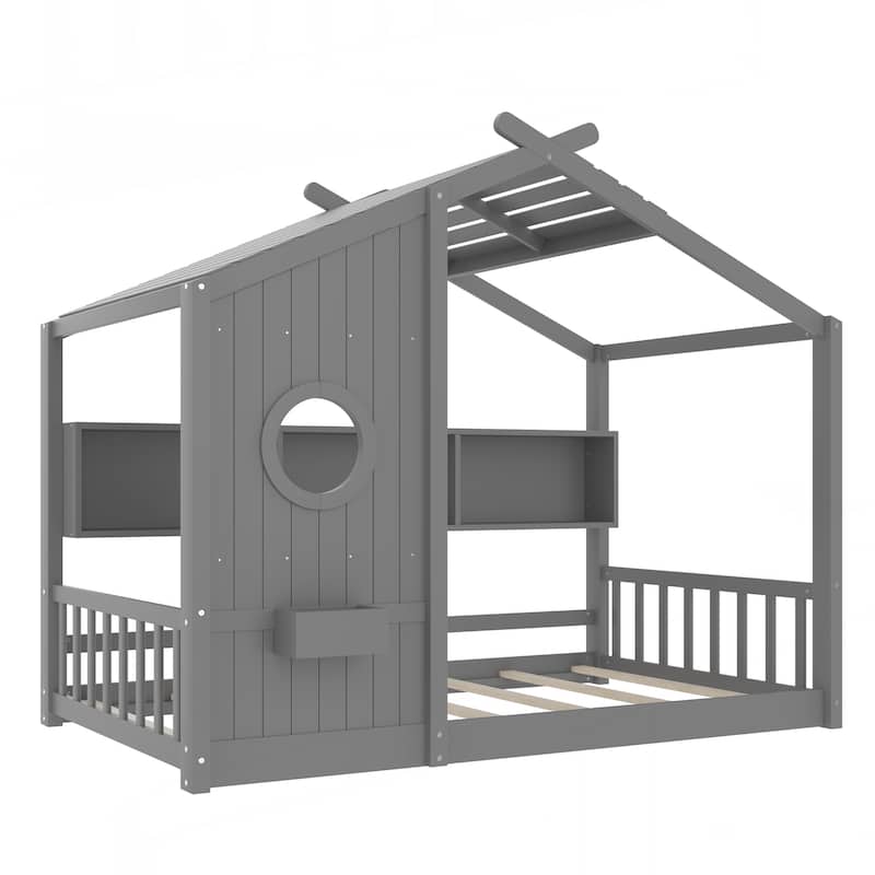 Twin Size Floor House Bed for Toddler, Kids Montessori Bed with Storage Shelf, Playhouse Bed with Roof Design