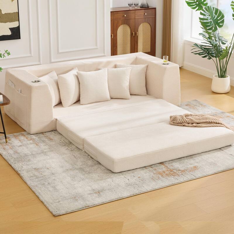 2 in 1 Convertible Sofa Bed, Sleeper Sofa with Storage Pockets, Pull Out Loveseat Couch with Two Cup Holders