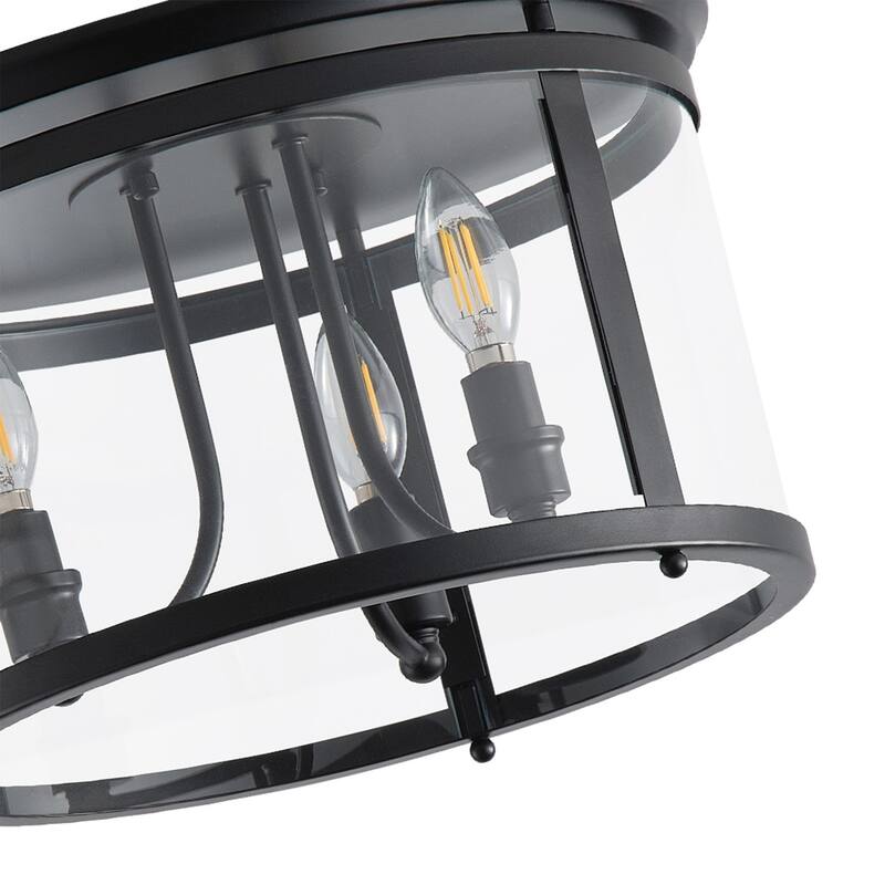 Matte Black 3-Light Candle Style Drum Shape Flush Mount Ceiling Lamp with Glass Shade