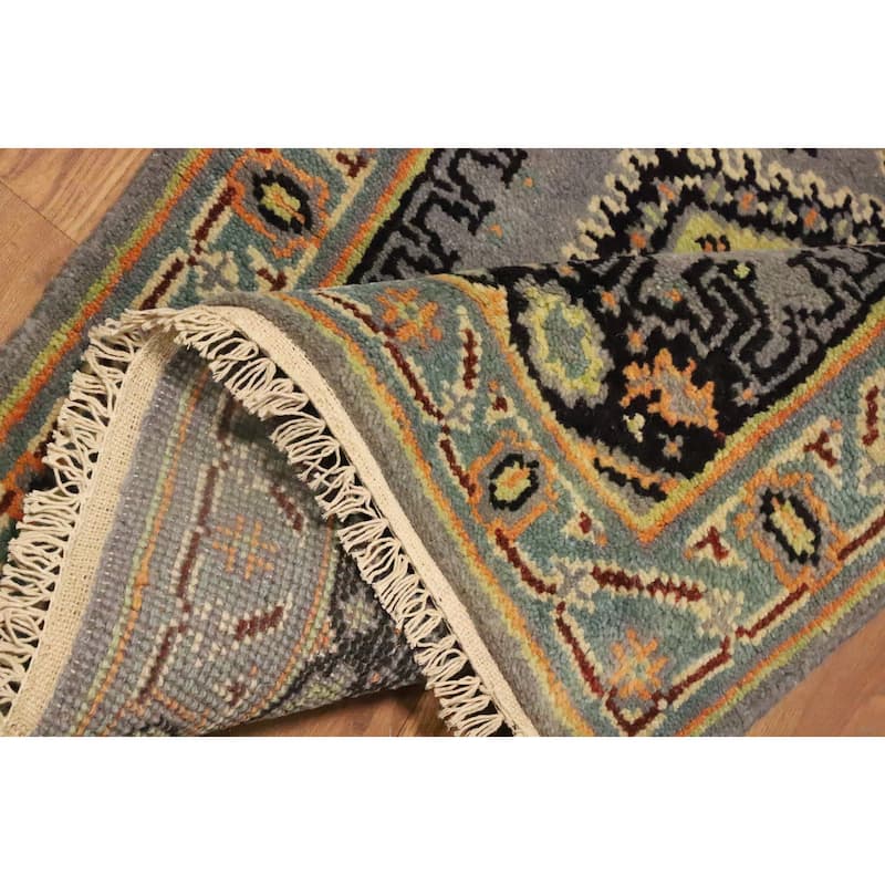 Hand Knotted Oriental 100% Wool Carpet Traditional Geometric Greys & Charcoal Viss Runner Rug - 7' 9'' X 2' 7''