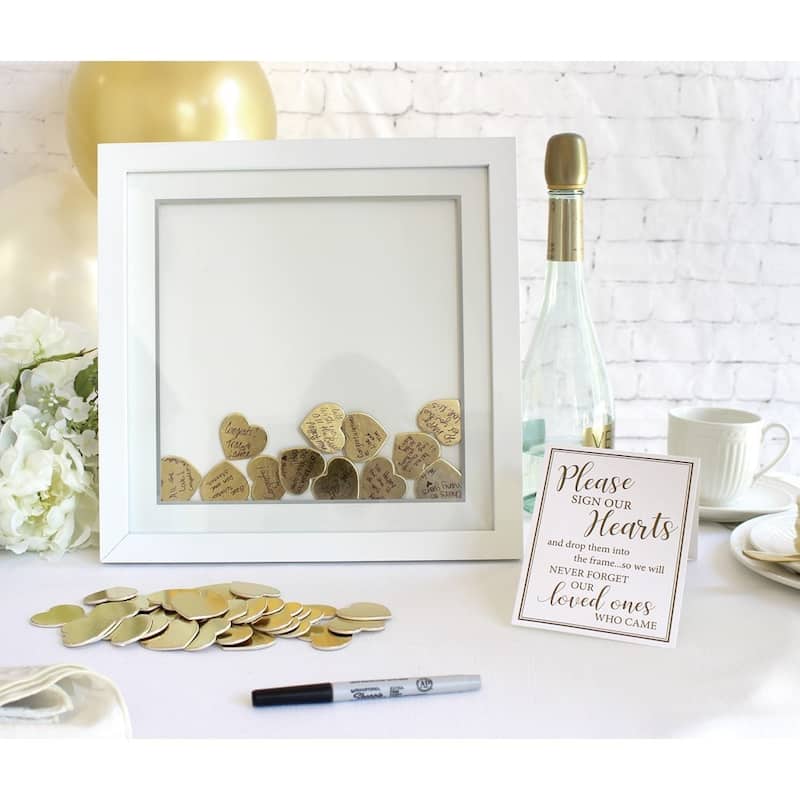Curata Lillian Rose White Guest Book Alternative Shadow Box Frame with 48 Gold Signing Hearts