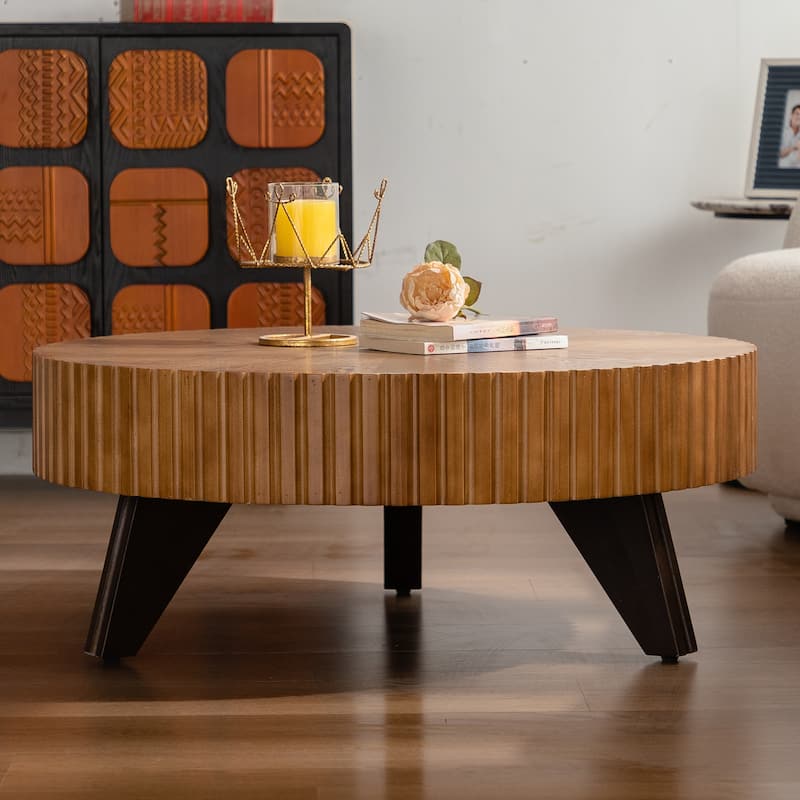 35.4 Inch Retro Round Coffee Table Multifunctional Coffee Table with 3 Solid Wood Legs for Living Room, Brown