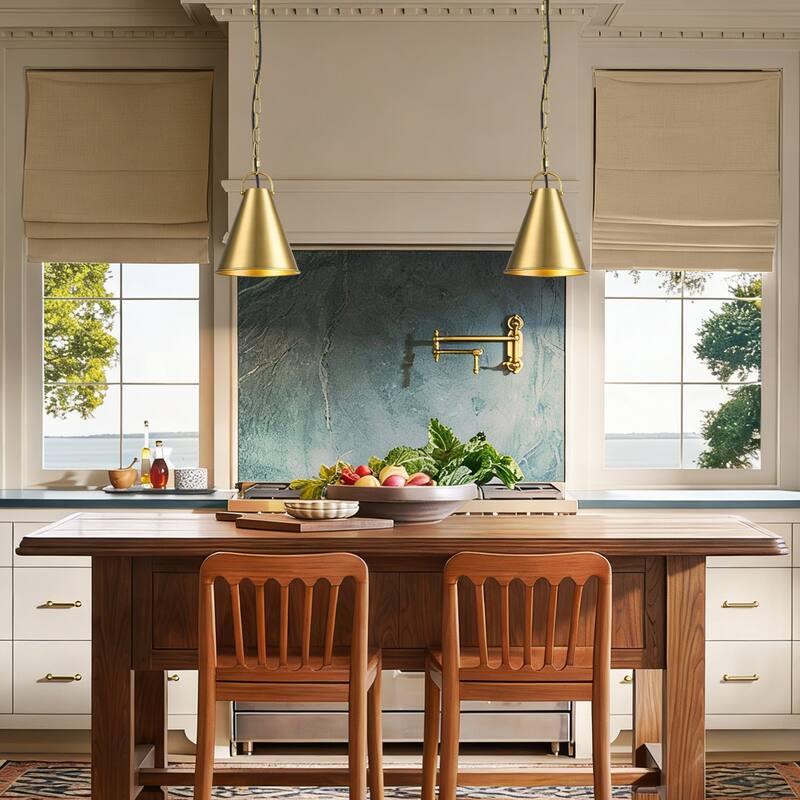 7.3" 1-Light Retro Brass Finish Pendant Light with Cone Shade for use in Bedroom, Kicthen Island