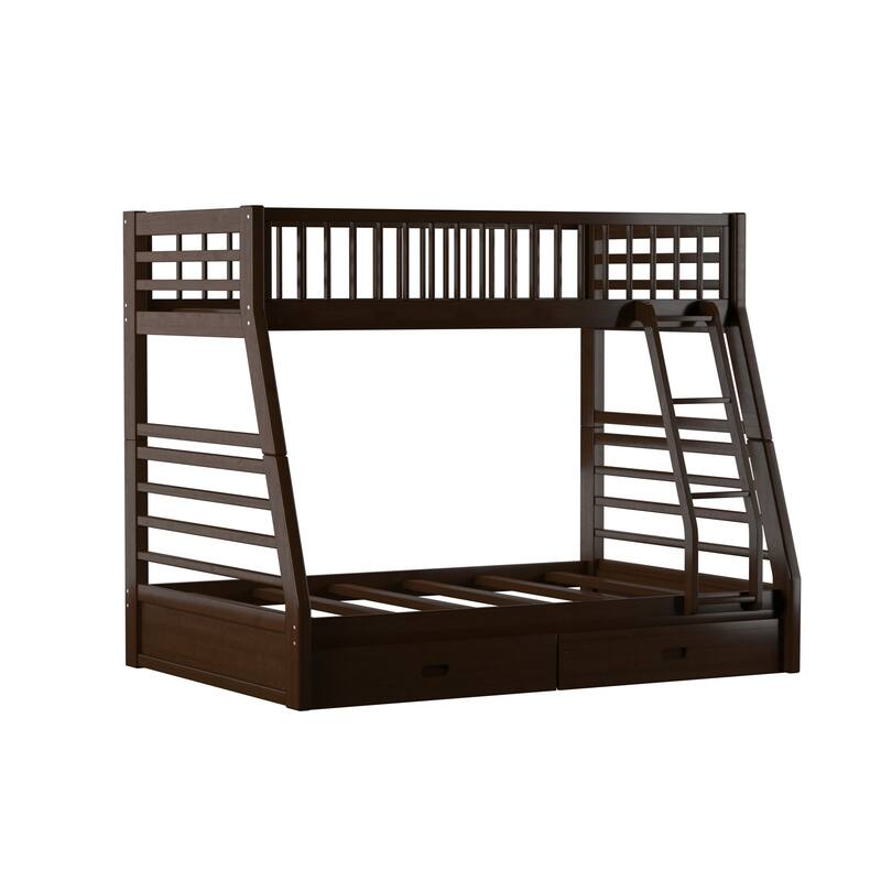 Espresso Twin over Full Solid Wood Bunk Bed with Ladder for Kids