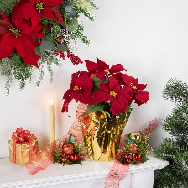 16 Red Artificial Christmas Poinsettia with Gold Wrapped Pot - Bed Bath &  Beyond - 29240097