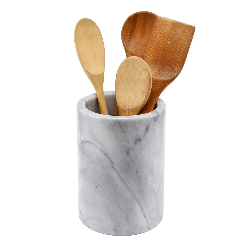 Creative Home Natural Off-White Marble Multi-Functional Tool Crock, Utensil Holder, Counter Top Organizer, 5" Diam. x 7" H