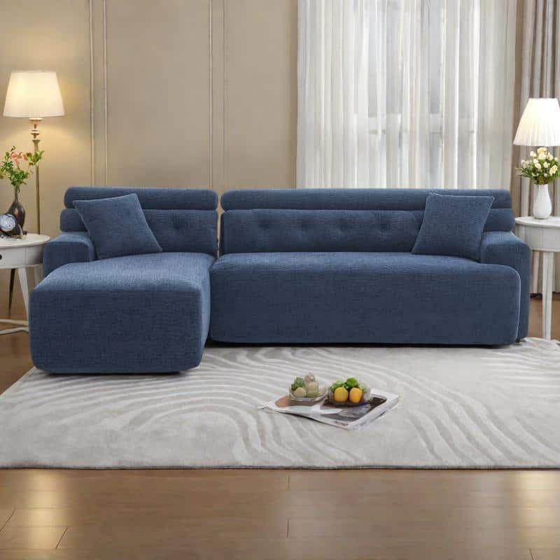 105" Wood Grain Chenille 3-Seater Sectional Sofa with Chaise Lounge and 2 Pillows - Antique Blue