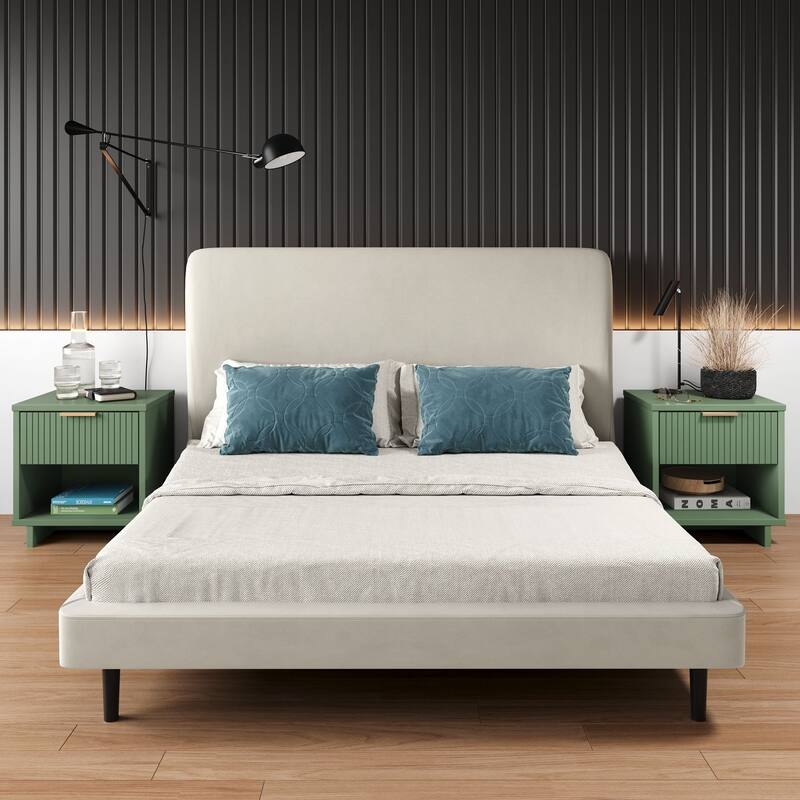 Manhattan Comfort Granville Mid Century Solid Wood 1 Drawer Nightstand Set of 2 - Sage Green