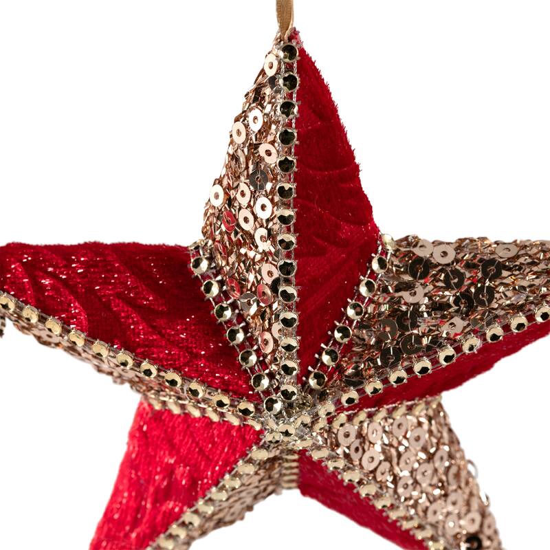 Sequined and Velveteen 5-Point Star Christmas Ornament - 6" - Gold and Red