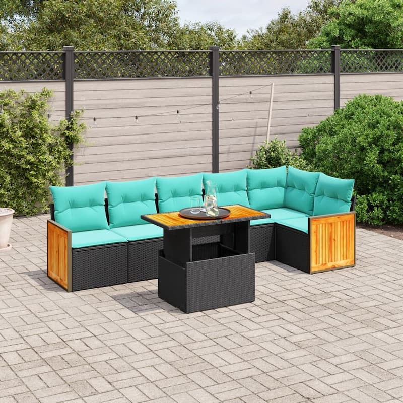 vidaXL Patio Sofa Set with Cushions Outdoor Furniture 7 Piece Poly Rattan - 21.7 x 24.4 x 27.2 - Black