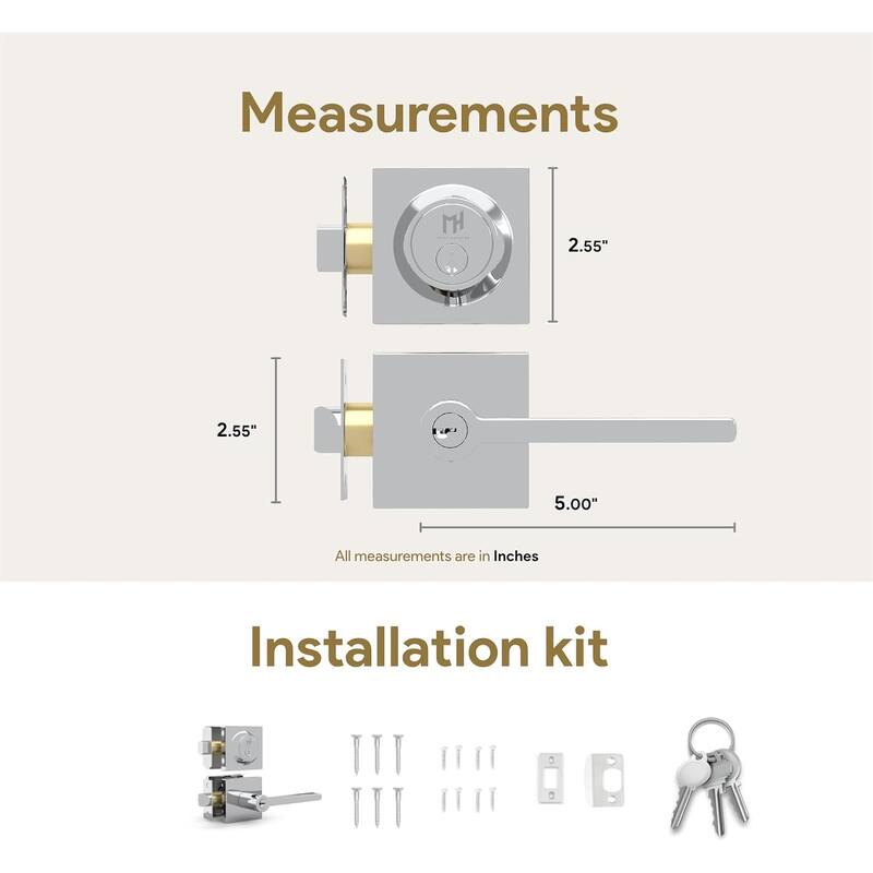 Mega Handles PRIME Flat Entry Door Lock Lever and Square Single Cylinder Deadbolt Keyed Combo | Reversible Handle Set
