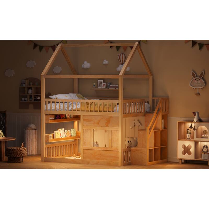 Roomfitters Full Size Wood House Loft Bed with Storage Stairs and Built-in Shelving, Modern Space-Saving Sleep Space