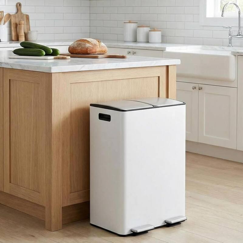 2 x 8 Gallon Dual Compartment Kitchen Trash Can, Garbage Can with Lid - White