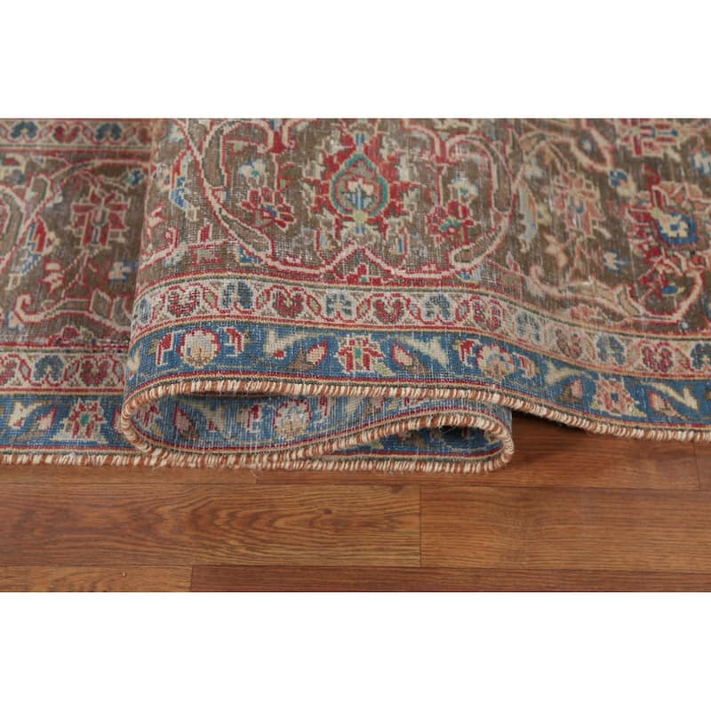 Traditional Floral Mashad Persian Vintage Rug Handmade Wool Carpet - 9'0"x 12'8"