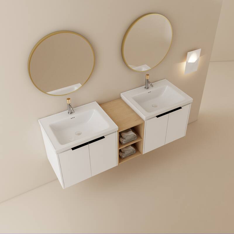Wall-Mounted Vanity with Double Ceramic Basins, Soft-Close Doors, Metal Handles, and Ample Storage Space - 59.6in L Plywood