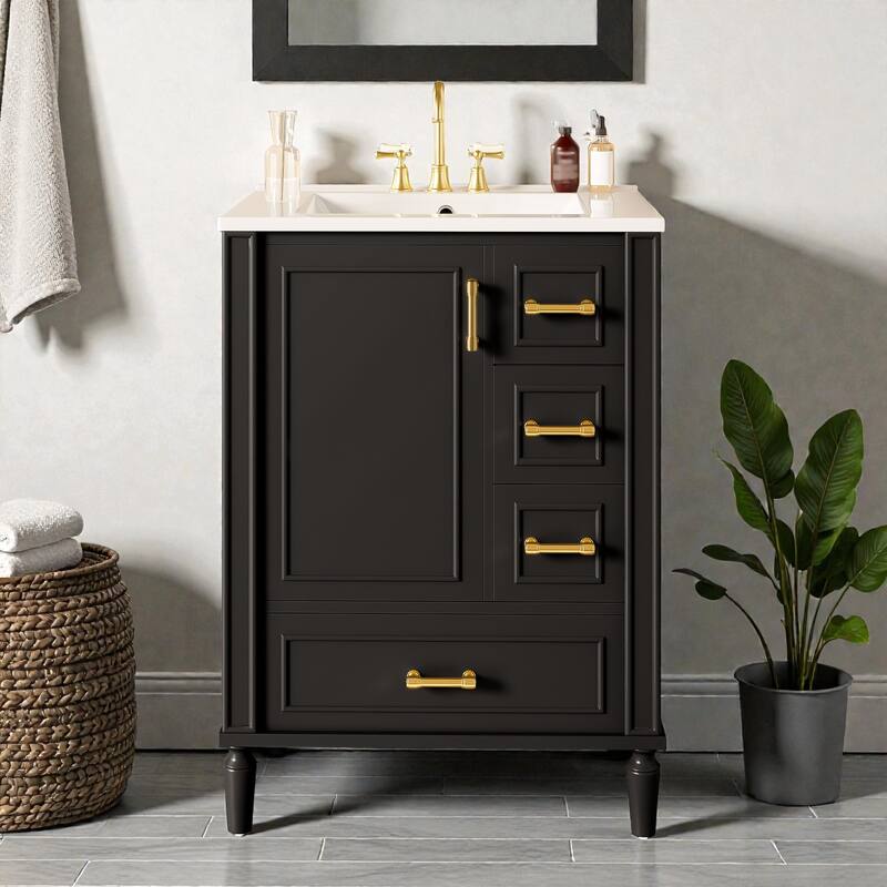 24" Modern Bathroom Vanity with Ceramic Sink, 3 Drawers, Soft-Close Door, Gold Handles, Space-Saving Storage - Black