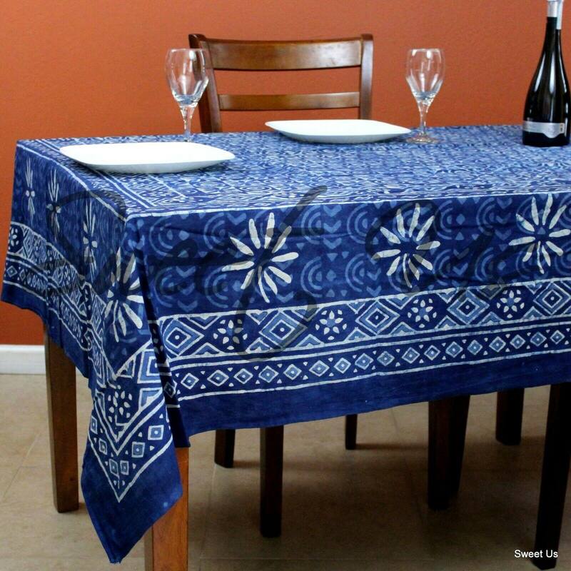 Cotton Hand Block Print Dabu Checkered Tablecloth Rectangle