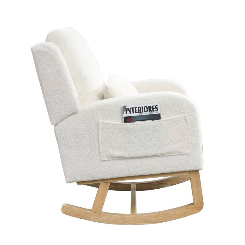 High Back Rocker Accent Chair with Wood Base, One Lumbar Pillow and Two Side Pockets