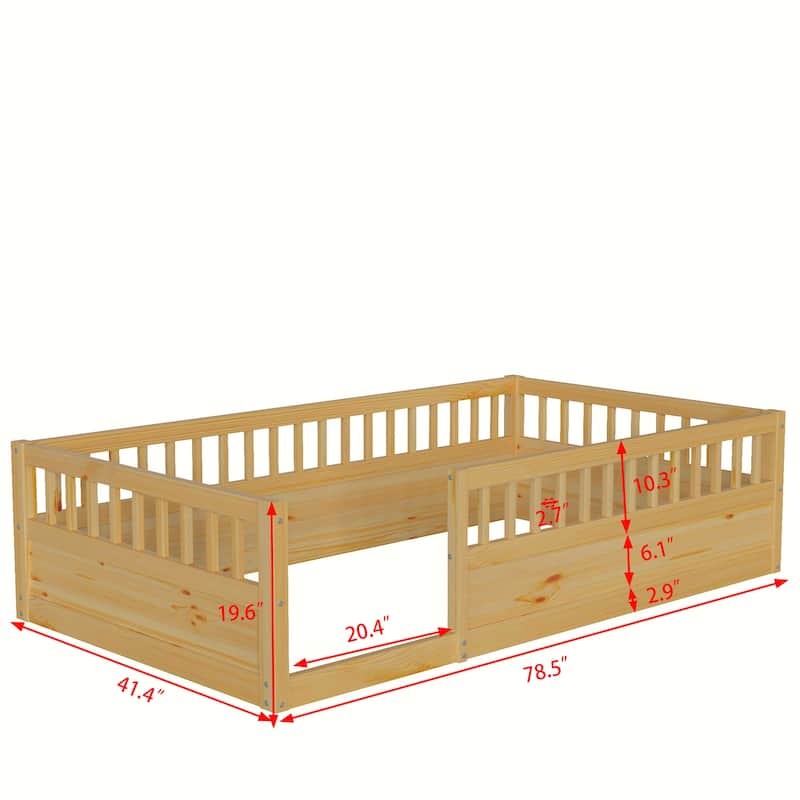 Kids Floor Bed Frame Toddler Montessori Low-Profile Floor Bed with Solid Wood Baffle Fence, No Slats No Door for Children's Room