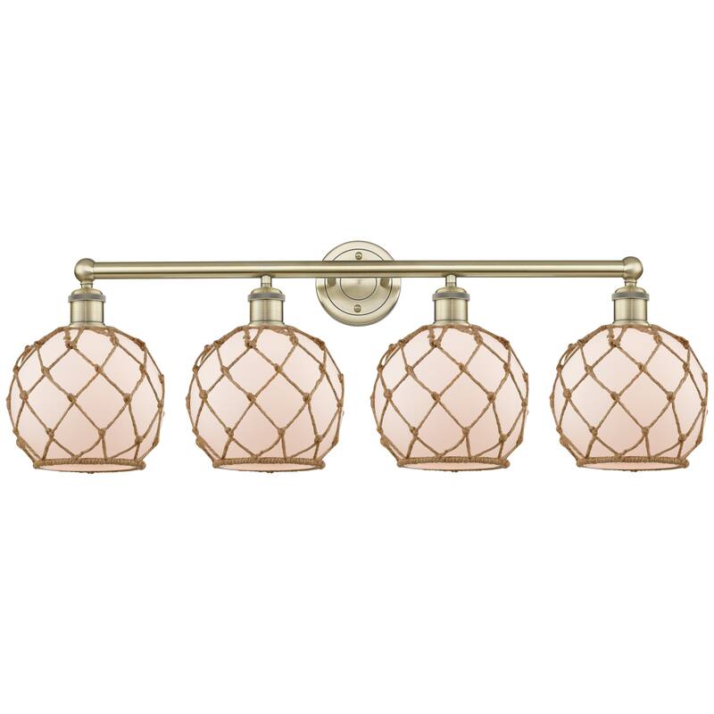 Innovations Lighting Endless Possibilities Edison - Farmhouse Rope - 4 Light 35" Bath Vanity Light - Antique Brass/White Glass with Brown Rope
