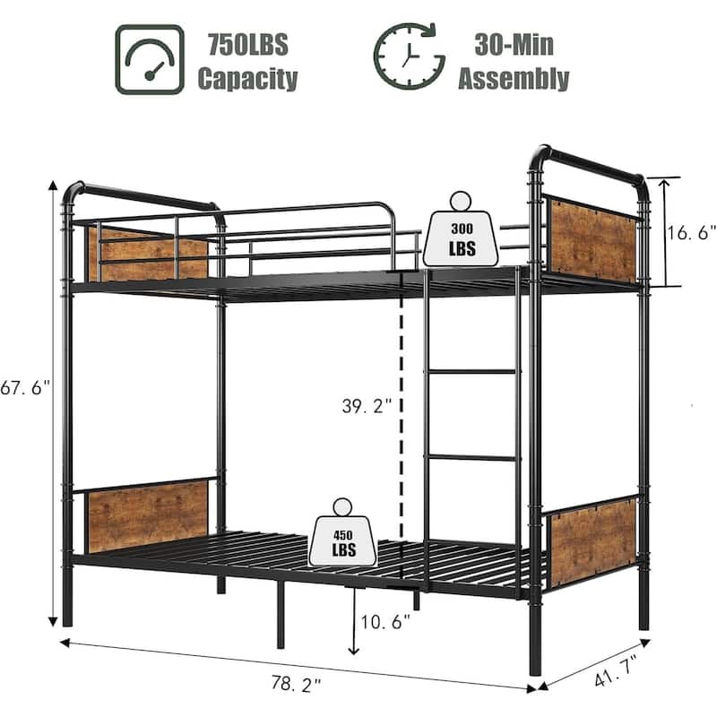 Heavy Duty Twin Size Convertible Bunk Bed with Guardrail & Ladders