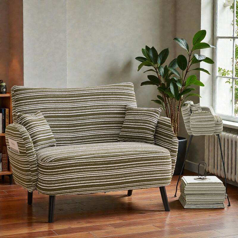 Modern Boucle 2-Seater Sofa with Storage Pockets, Deep-Seated Small Couch with Armrest Pillows for Apartments