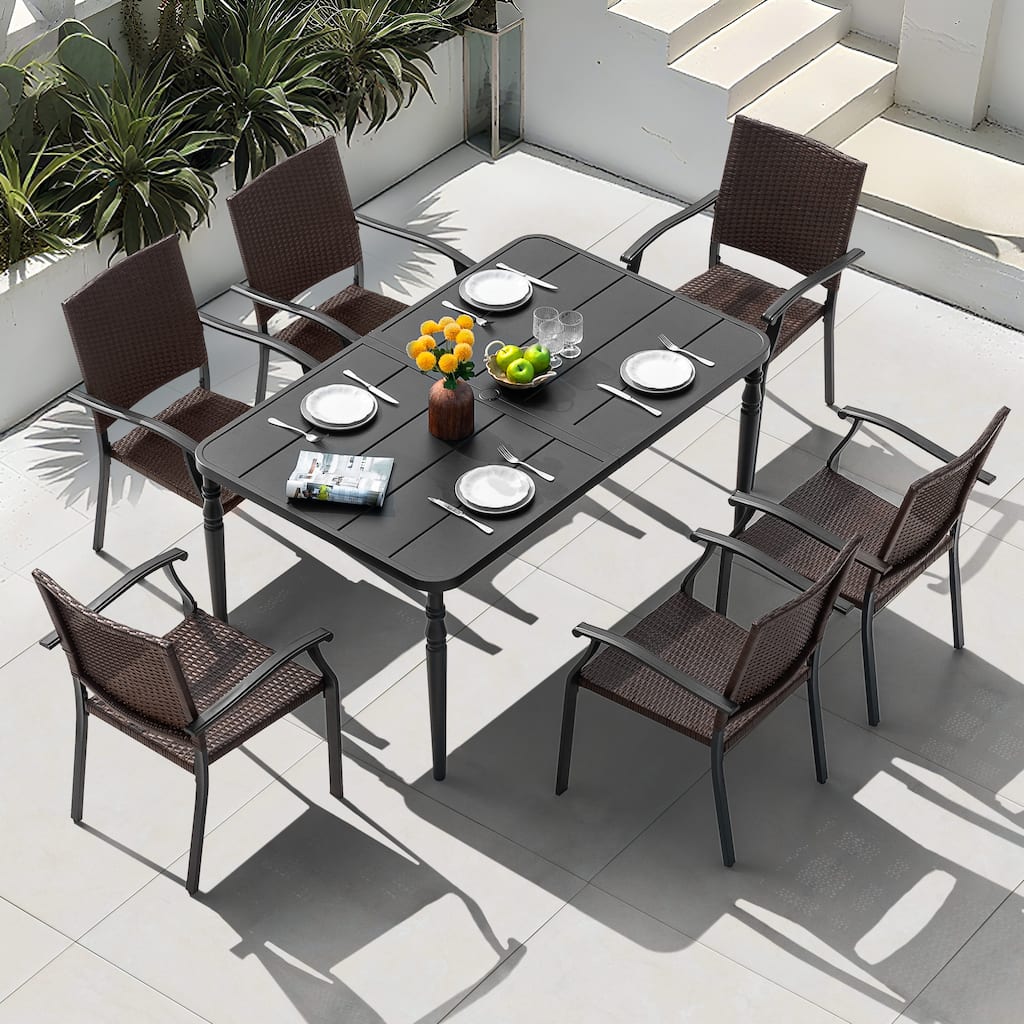 Outdoor 7-Piece Metal Wicker Dining Set with 1.6'' Umbrella Hole, Black