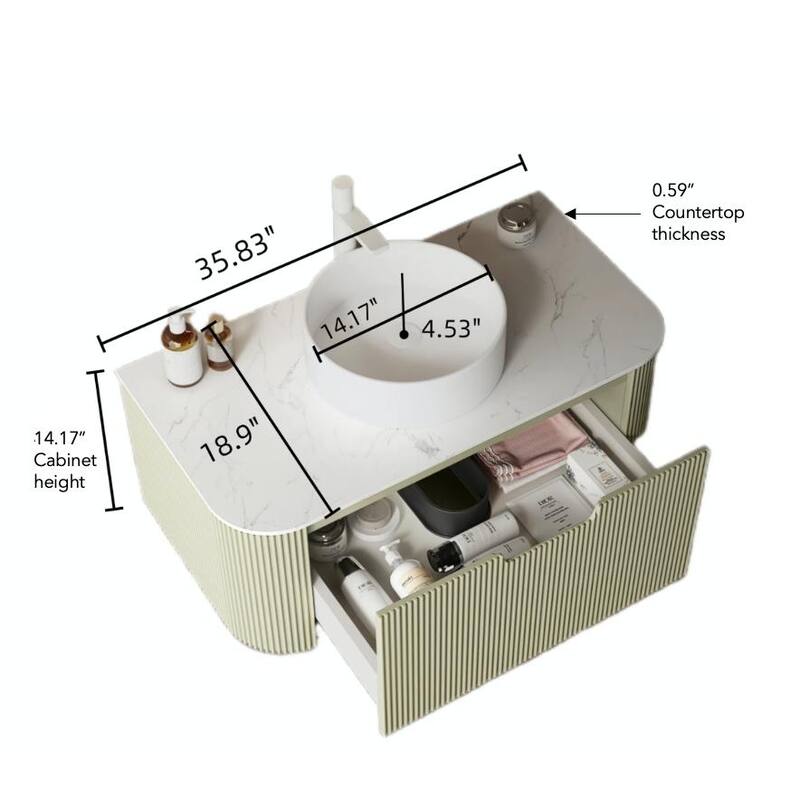 36-Inch Bathroom Vanity with Round White Ceramic Sink, Floating Wall-Mounted Storage Cabinet