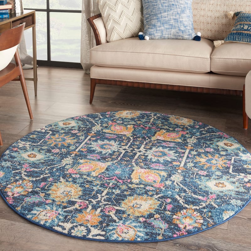 Nourison Passion Boho French Country Floral Area Rug. - 4' Round - Navy - Runner