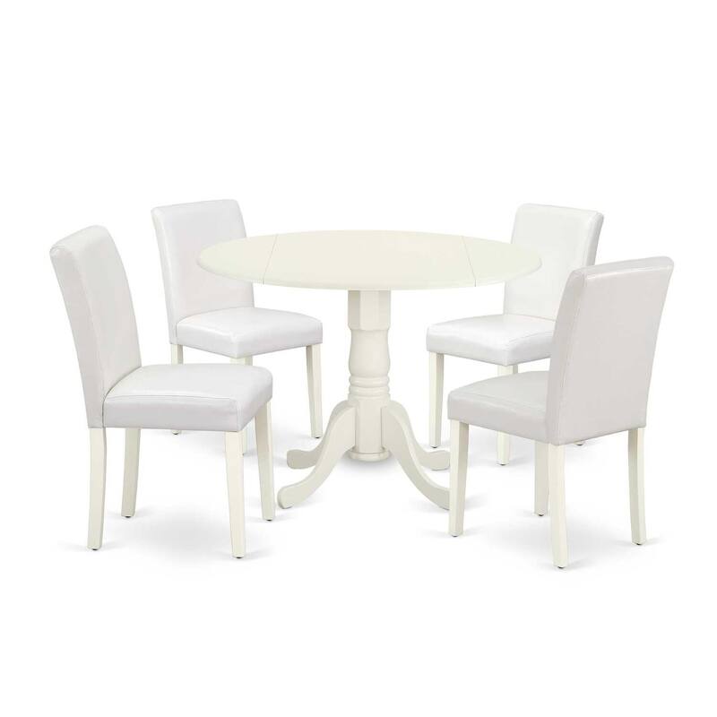 Round Kitchen Table Set 5pc 42" Table w/ Drop Leaves & 4 Parsons Chairs - White PU Leather