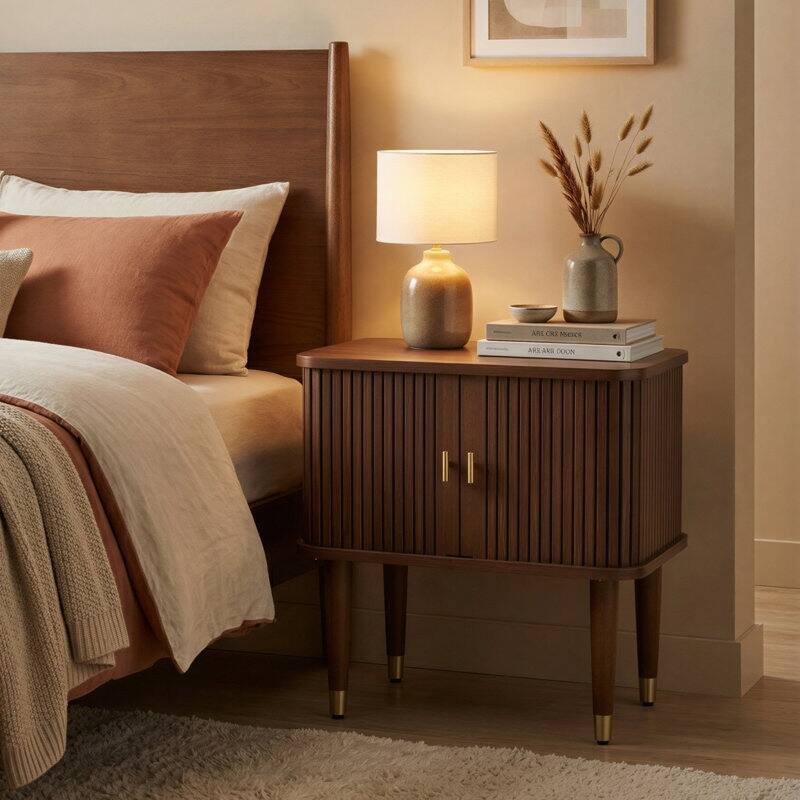 Murray Nightstand with Storage Mid Century Brass Accents Walnut Finish